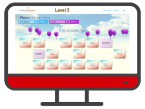 an illustrated computer with the Online Level 5 Sight Word Matching Game on the screen and a red control panel below the screen.