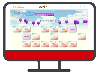 an illustrated computer with the Online Level 5 Sight Word Matching Game on the screen and a red control panel below the screen.