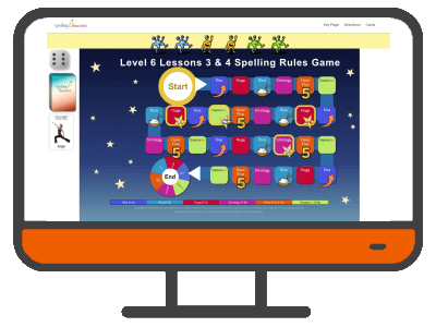 an illustrated computer with the Online Level 6 Spelling Rules Game Lessons 3-4 on the screen and a orange control panel below the screen.