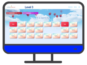 an illustrated computer with the Online Level 3 Sight Word Matching Game on the screen and a blue control panel below the screen.