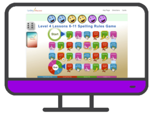 an illustrated computer with the Online Level 4 Spelling Rules Board Game- Lessons 6-11 on the screen and a purple control panel below the screen