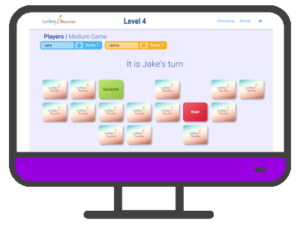 an illustrated computer with the Online Level 4 Sight Word Matching Game on the screen and a purple control panel below the screen.