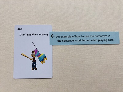 Homonym Game with example card on how to use the homonym in a sentence