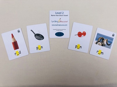 Name that Short Vowel game white educational cards