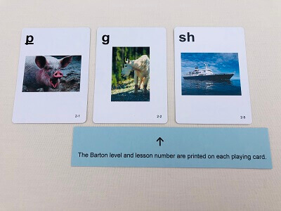 Sound Game cards with barton level and lesson on each playing card