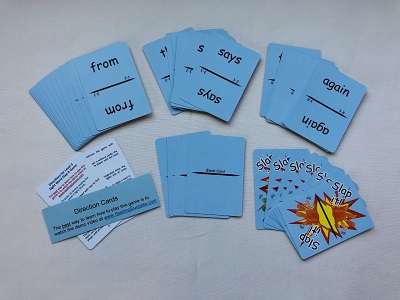 Blue cards with sight words on them.