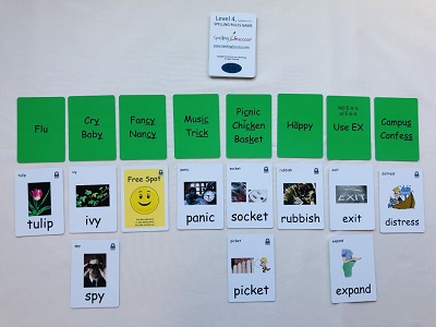 Level 4 Lessons 1-5 Spelling Rules game green cards and white cards showing how to play the game