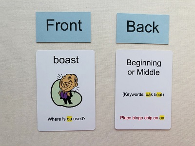 Level 4 Vowel Team Bingo game cards showing which is the front and back of the educational cards