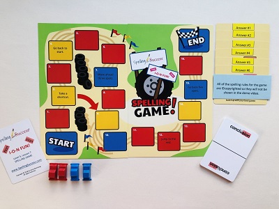 Level 5 I-O-N fun Spelling Game board with white cards around colorful game board
