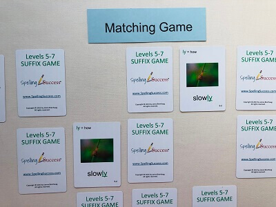 Levels 5-7 Suffix game white cards explaining the matching game with educational cards