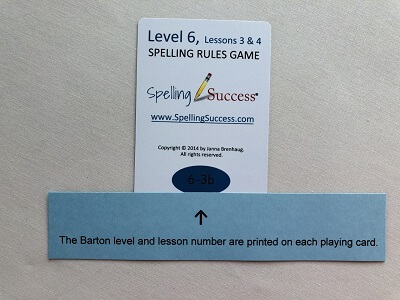 Level 6 Spelling Rules Lessons 3 & 4 game educational card with barton level and lesson