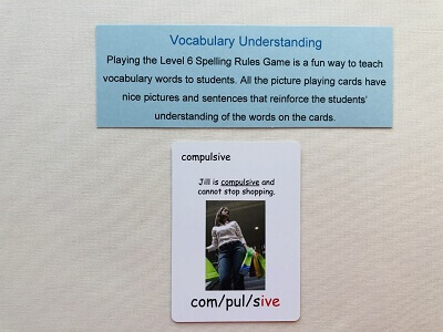 Level 6 Spelling Rules Lessons 3 &4 Game card with vocabulary understanding description