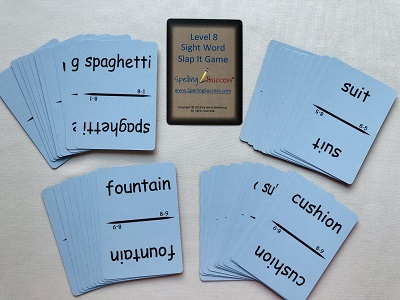 level 8 sight word slap it brown title card with 4 piles of blue word cards with level and lesson on them