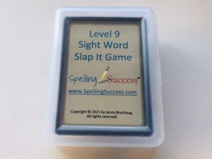 Game in plastic case with Level 9 Sight Word Slap It Game printed on tan educational cards.