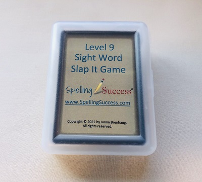 Game in plastic case with Level 9 Sight Word Slap It Game printed on tan educational cards.