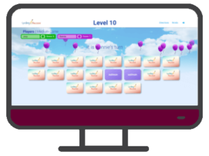 an illustrated computer with the Online Sight Word Matching Game on the screen and a purple control panel below the screen