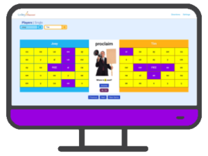 an illustrated computer with the Online Level 4 Vowel Team Bingo Game on the screen and a purple control panel below the screen.