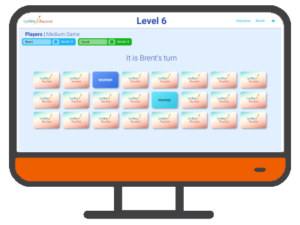 an illustrated computer with the Online Level 6 Sight Word Matching Game on the screen and a orange control panel below the screen.