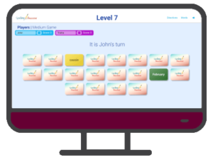 an illustrated computer with the Online Level 7 Sight Word Matching Game on the screen and a purple control panel below the screen.