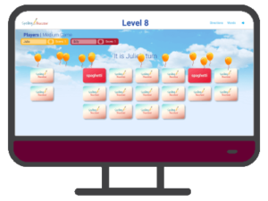 an illustrated computer with the Online Level 8 Sight Word Matching Game on the screen and a purple control panel below the screen.