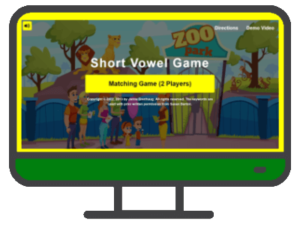 an illustrated computer with the Online Level 2 Short Vowel Matching Game on the screen and a green control panel below the screen