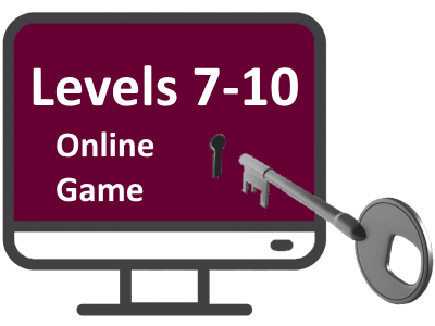 an illustrated computer with the Online Level 7-10 Games on the screen and a white control panel below the screen.