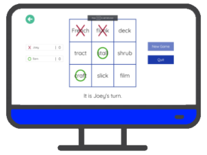 an illustrated computer with the Online Level 3 Tic Tac Toe Game on the screen and a blue control panel below the screen