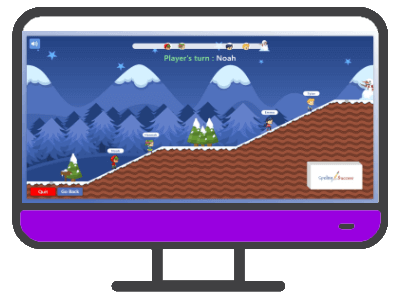 an illustrated computer with the Online Game on the screen and a purple control panel below the screen