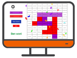 an illustrated computer with the Level 6 Five in a Row Game on the screen and a orange control panel below the screen.