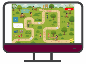 an illustrated computer with the Online Level 8 Advanced vowel team game on the screen and a purple control panel below the screen.